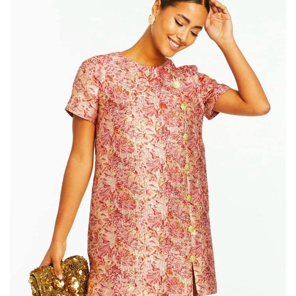 NWT Mestiza Isolde Metallic Jacquard Round Neck Short Sleeve Mini Shift Dress